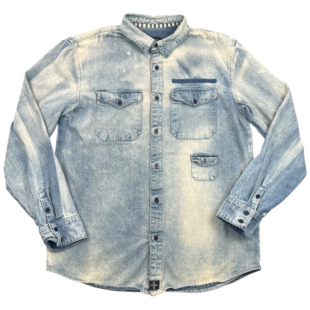 Tavik Visionaries Acid Wash Denim Shirt Mens L Blue 3 Pocket Button Up Skate